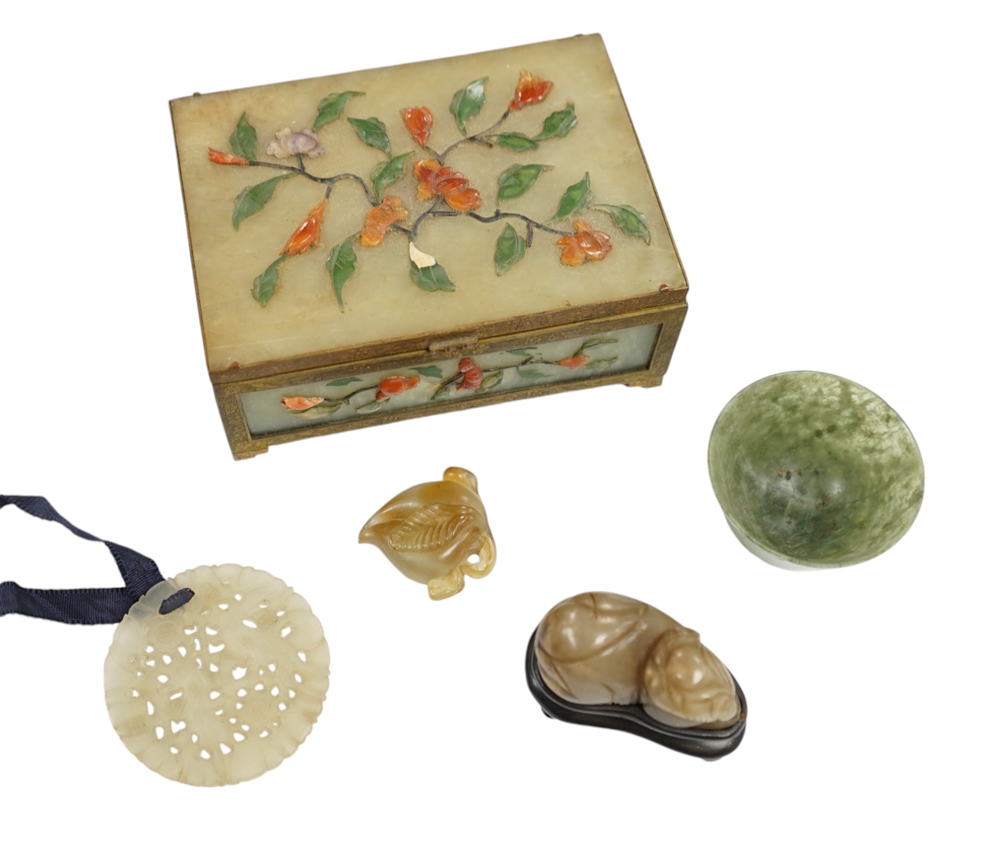 A group of Chinese jade and hardstone carvings to include a cigarette box & cover and a 14K mounted Yamanaka & Co pouch, largest 13cm wide. Condition - mostly fair